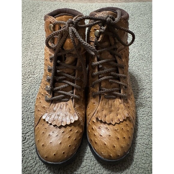 Roper Ostrich Kiltie Boots Men\'s Sz 10 Brown Leather Western Work Shoe EUC